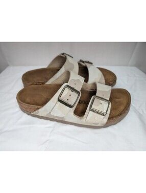 Birkenstock Arizona Two-Strap Sandals in Beige Camouflage, Size 5.5